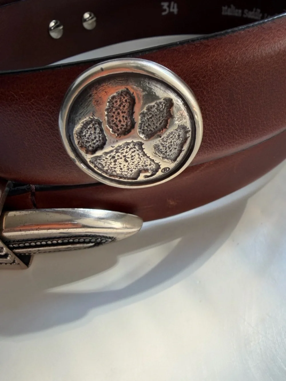 Enmon Clemson Belt Italian Saddle Leather Brown Silver Size 34